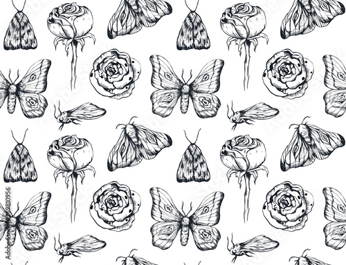 Handdrawn butterfly seamless pattern with flowers