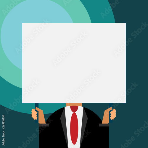 Just man chest dressed dark suit tie no face holding blank big rectangle