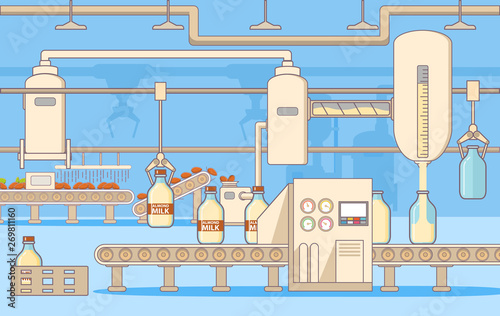 Almond Milk with nuts.Lactose free.Factory production processing.Conveyor belt.Automatic machines.Packs bottles glass.Flat vector.