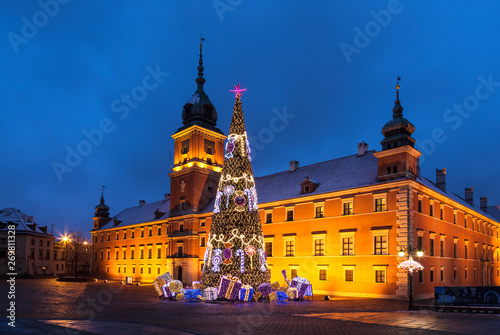 Warsaw, Castle Square during the Christmas holidays at night, Poland
