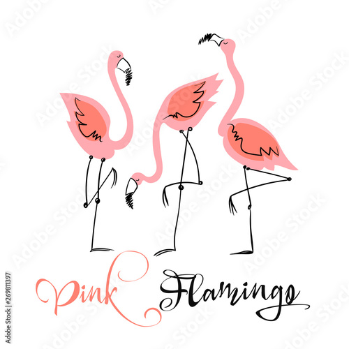 Pink flamingo. Fun illustration in a cute style. Summer motifs. Vector.