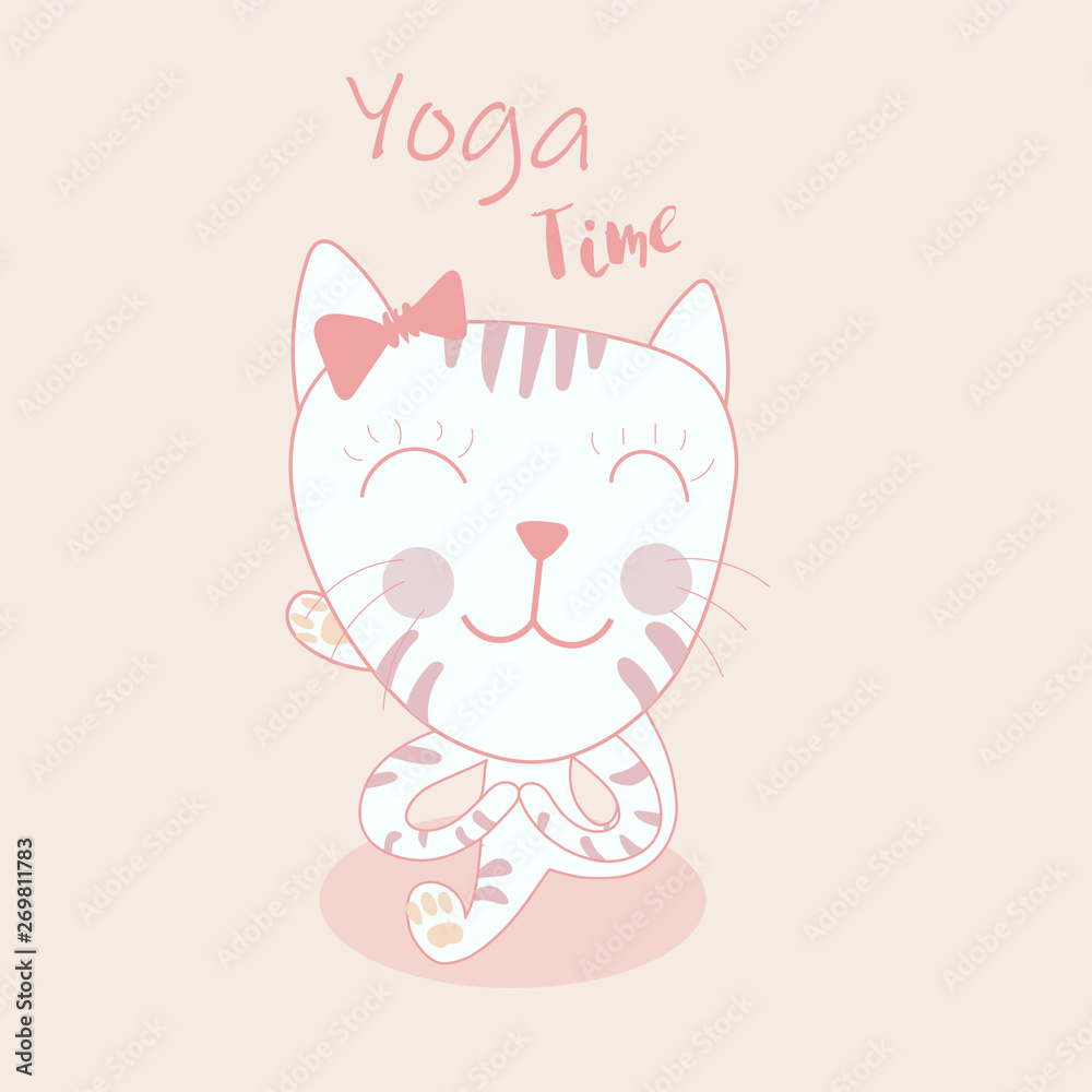 Cute cartoon cat in yoga pose meditation, a marichyasana position.