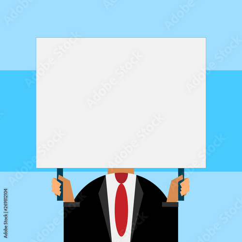 Just man chest dressed dark suit tie no face holding blank big rectangle