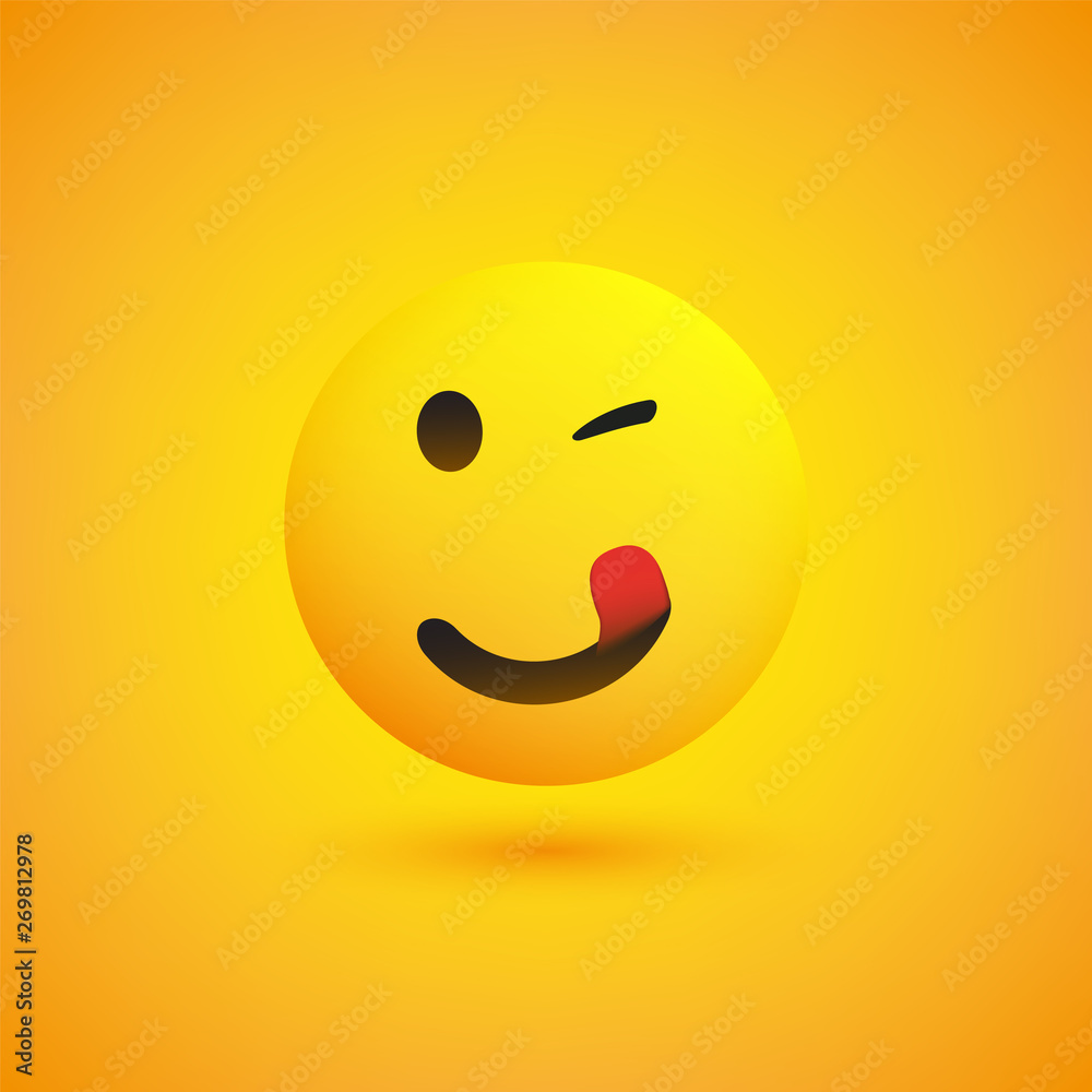 Smiling, Winking and Mouth Licking Emoji with Stuck Out Tongue - Simple Happy Emoticon on Yellow Background - Vector Design Smiling, Winking and Mouth Licking Emoji with Stuck Out Tongue - Simple Happy Emoticon on Yellow Background - Vector Design