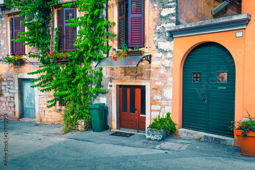 Mediterranean old town street with stone houses, Rovinj, Istria, Croatia