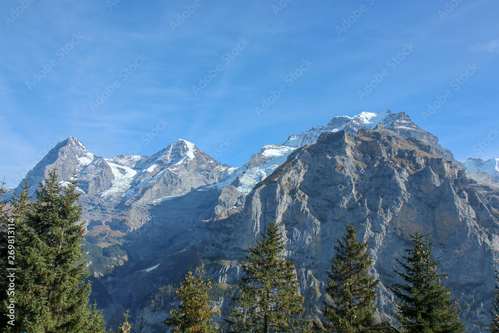 Morning view on Bernese range on beautiful village in mountain scenery, Grindelwald