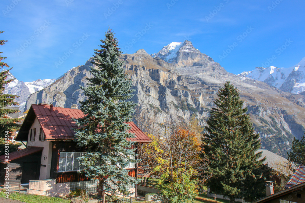 Beautiful view of alpine Eiger village. Picturesque and gorgeous scene. Popular tourist