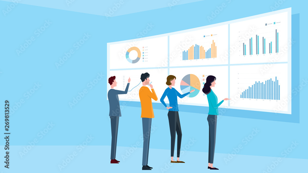 Obraz premium flat illustrations design concept business finance investment and business team on monitor graph dashboard