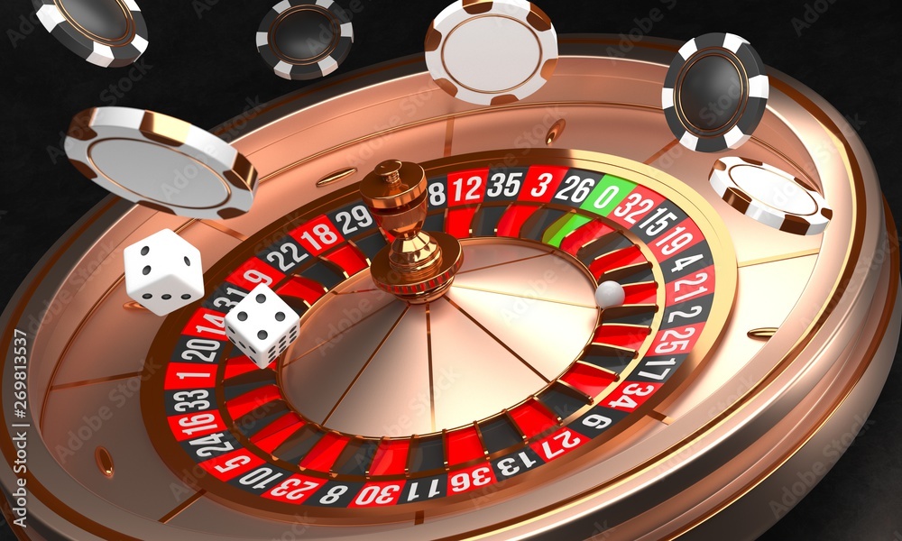 Casino background. Luxury Casino roulette wheel on black background. Casino theme. Close-up golden casino roulette with a ball, chips and dice. Poker game table. 3d rendering illustration.