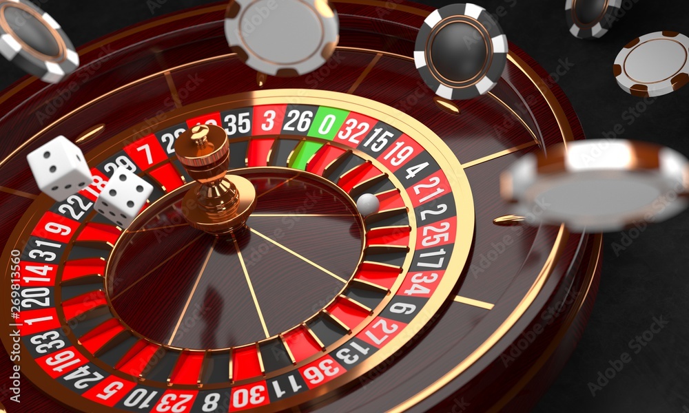 Casino background. Luxury Casino roulette wheel on black background. Casino  theme. Close-up wooden casino roulette with a ball, chips and dice. Poker  game table. 3d rendering illustration. ilustración de Stock | Adobe