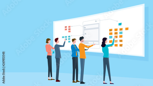 group business team meeting and mobile application and web design  brainstorming process concept 
