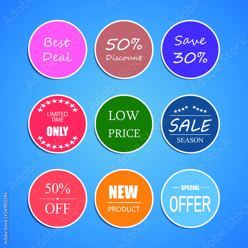 Set of Price Tag, discount, best price, Limited, Sale, Special offer, Sticker Banner, Advertising label Vector Illustration 