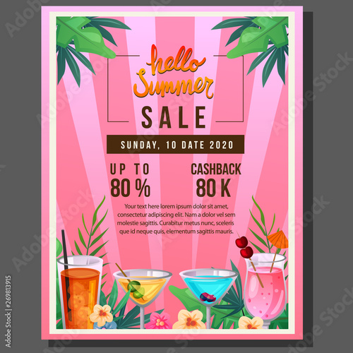 hello summer poster sale with tropical cocktail