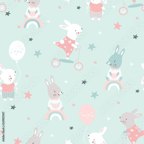Creative childish seamless pattern with cute rabbits