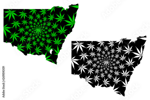 New South Wales (Australian states and territories, NSW) map is designed cannabis leaf green and black, New South Wales map made of marijuana (marihuana,THC) foliage,