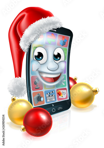 A cell or mobile phone Christmas mascot cartoon character with a Santa Claus hat on and gold and red bauble balls ornament decorations