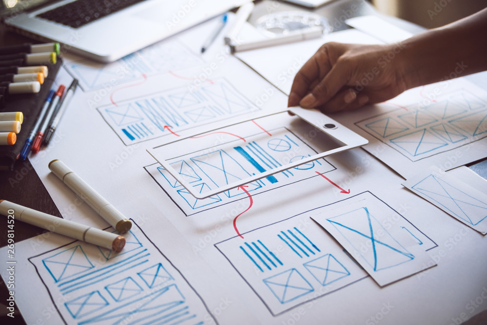 ux Graphic designer creative sketch planning application process development prototype wireframe for web mobile phone . User experience concept. ux Graphic designer creative sketch planning application process development prototype wireframe for web mobile phone . User experience concept.