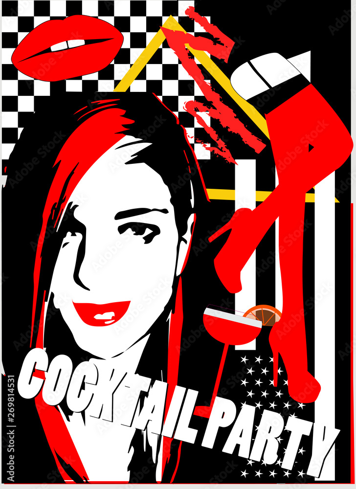 Fototapeta Portrait of a girl with American flag background, cocktail party text.