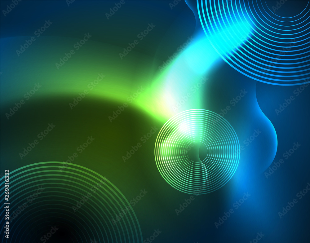 Fototapeta premium Neon glowing wave lines, blue hi-tech futuristic abstract background template