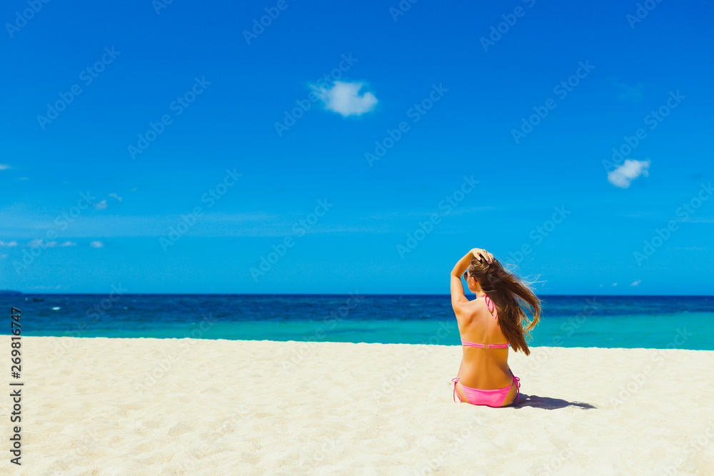 Travel vacation wallpaper - Beautiful young pretty blonde girl in white bikini with white sand on her perfect sport sexy body relax in sea of white sand paradise tropical Maldives beach at sunny day Travel vacation wallpaper - Beautiful young pretty blonde girl in white bikini with white sand on her perfect sport sexy body relax in sea of white sand paradise tropical Maldives beach at sunny day