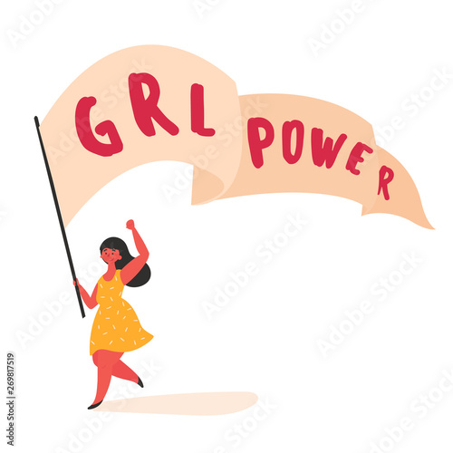 Girl women power and feminist movement. Girl with streamer and grl power slogan. Woman empowerment, feminism and equal rights vector concept for prints, t-shirts, cards. Happy youngster with banner