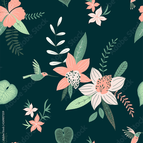 Tropical flowers color vector seamless pattern. Jungle plants background. Flying hummingbird. Exotic plants orchids and hibiscus. Decorative botanical textile, wallpaper, wrapping paper design