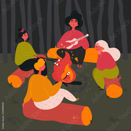 Campfire. Scout friends sing, bake marshmallows together. Group of young people camping near the bonfire. Guitar songs, are you afraid of the dark stories and food. Vector flat illustration photo