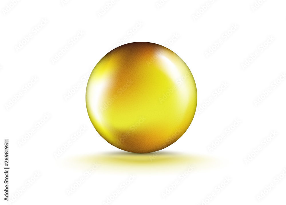 Obraz premium Liquid Gel Gold Round Oil bubble isolated on transparent background. Cosmetic Capsule of vitamin E, A or omega 3 or 6 oil. Realistic vector.