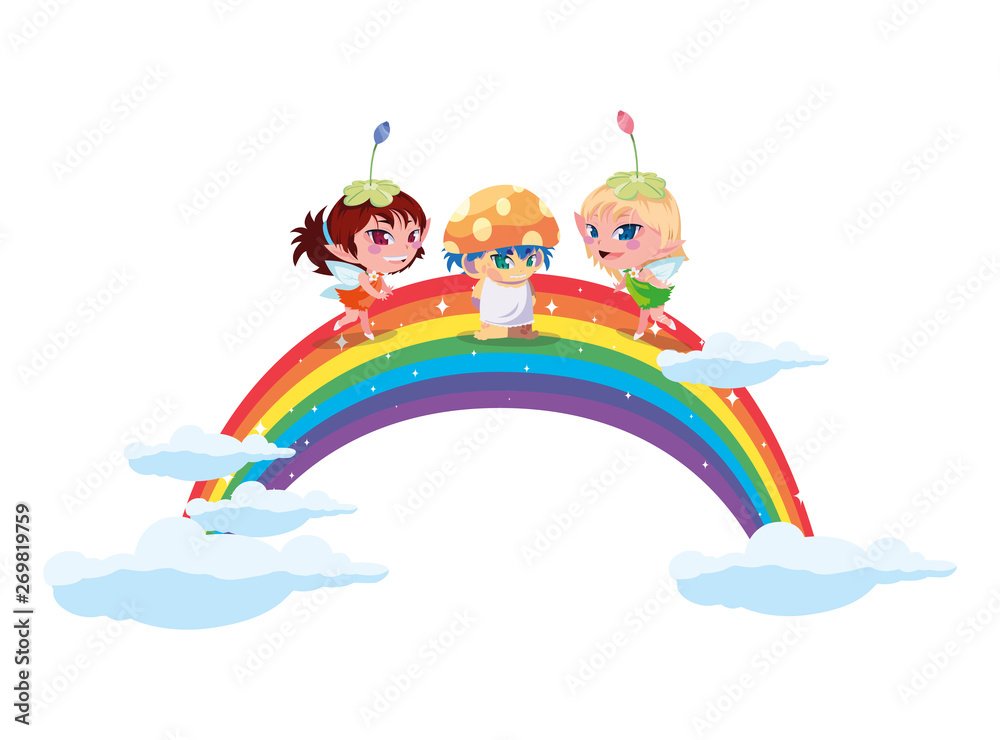Obraz premium beautiful magic fairies with fungu elf and rainbow