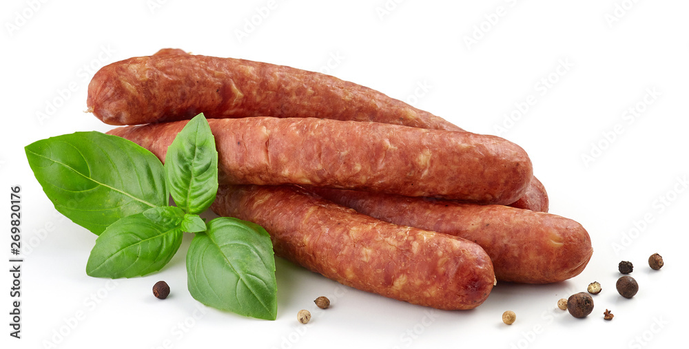 smoked sausages with herbs and spices - obrazy, fototapety, plakaty 