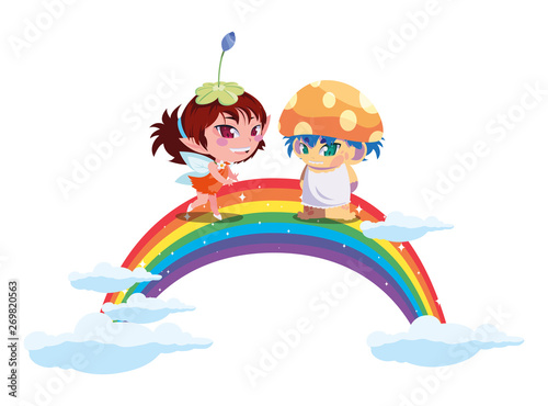 beautiful magic fairy and fungu elf with rainbow scene