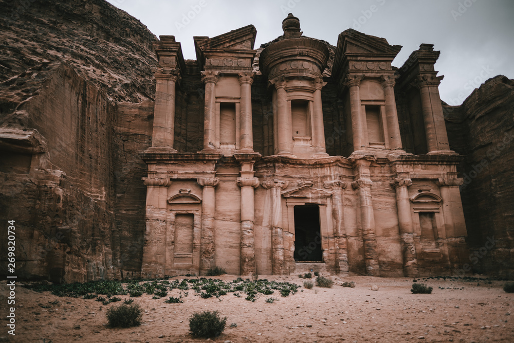 Temple carved in rocks in desert of Jordan, Asia 