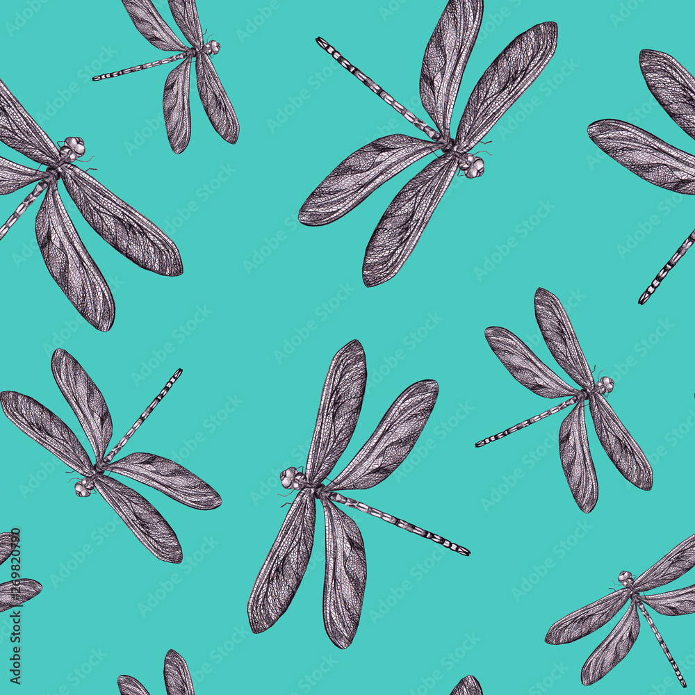 Hand drawn pencil sketch dragonflies seamless pattern on blue ...