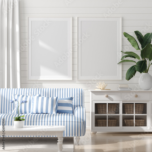 Mock up frame in home interior background, coastal style living room with marine decor, 3d render photo