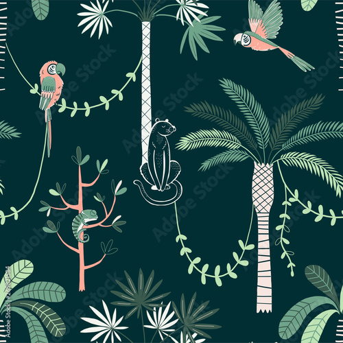 Jungle life vector color seamless pattern. Panther and parrot background. Rainforest, jungle fauna, flora. Tropical plants, palms, liana. Decorative botanical textile, wallpaper, wrapping paper design