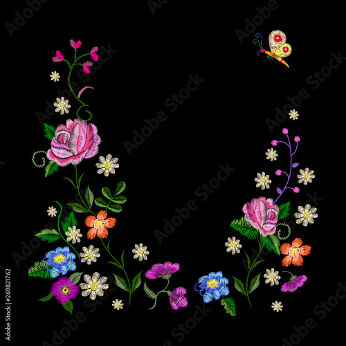 Embroidery floral pattern with fancy flowers  roses and butterflies.