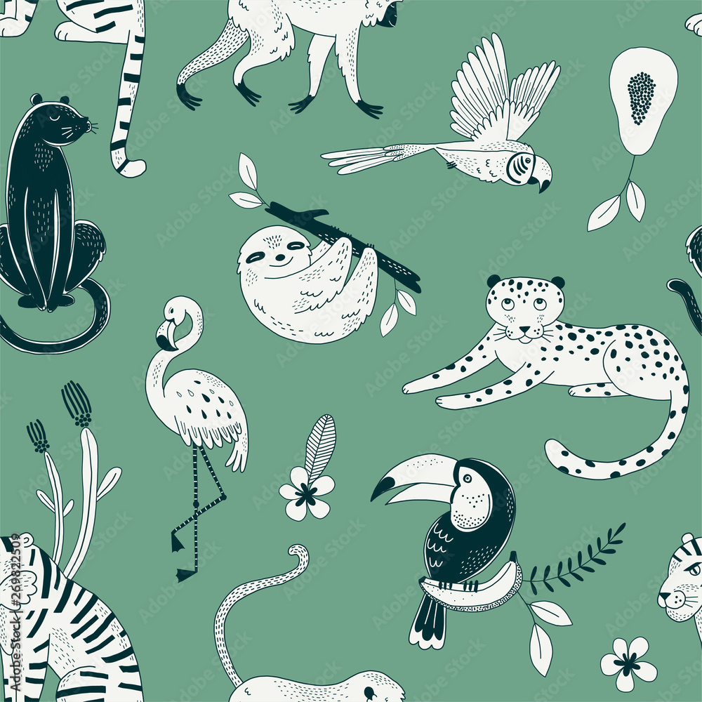 Tropical rainforest animals vector color seamless pattern. Exotic plants  and fruits background. Flora and fauna. Flamingo, panther, guepard.  Decorative orange textile, wallpaper, wrapping paper design Stock Vector |  Adobe Stock