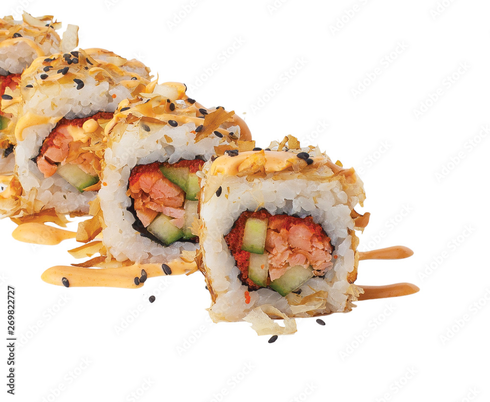Japan hot baked sushi rolls with rice and fish Japan hot baked sushi rolls with rice and fish