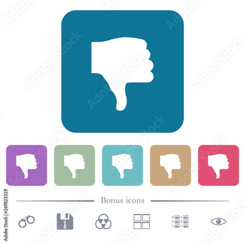 Thumbs down flat icons on color rounded square backgrounds