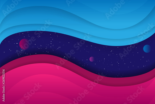Abstract paper waves background with space with planets and stars inside