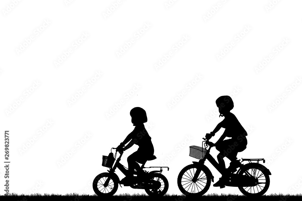 Silhouette  boy friend  and bike relaxing on white background