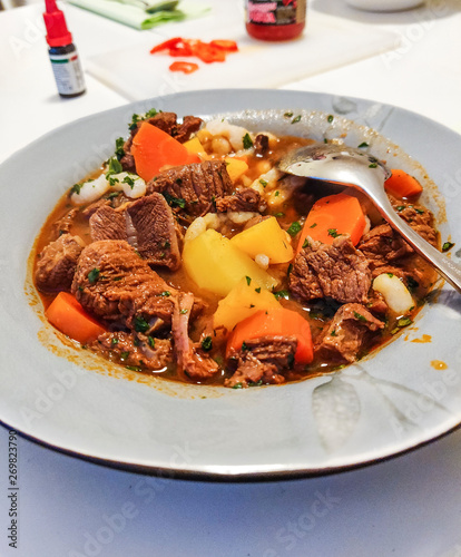 Photography Authentic traditional Hungarian home made goulash for dinner in Europe with spic