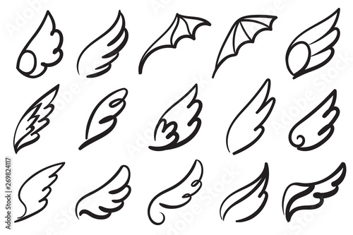 Hand drawn angel wings. Sketch feather bird line wing tattoo, angels winged emblem, freedom vector elements © YummyBuum