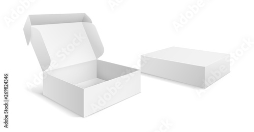 Realistic packaging boxes. Paper blank white box, carton empty mockup open closed package template vector isolated