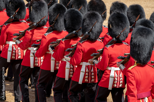 Obraz na plátně Close up of soldiers marching at the Trooping the Colour military parade at Horse Guards, London UK