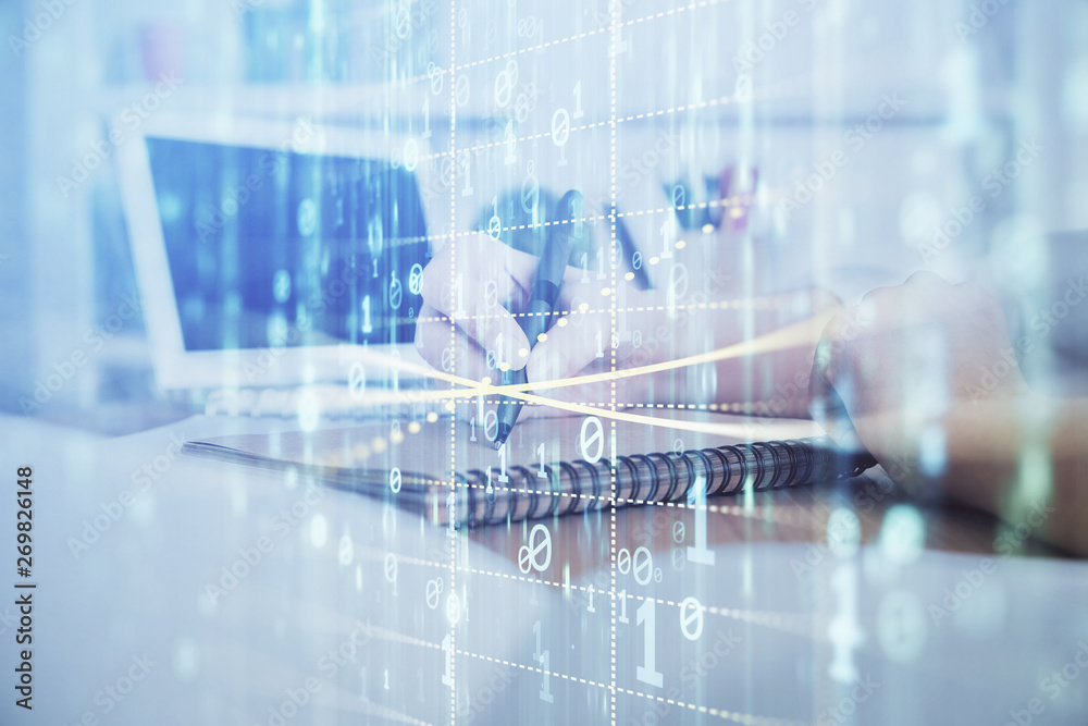 Multi exposure of woman hands on background with technology coding hologram. Data concept.