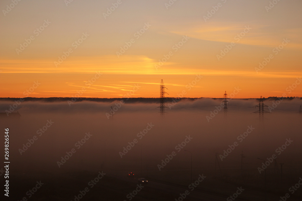 Summer misty sunrise in the morning, masts