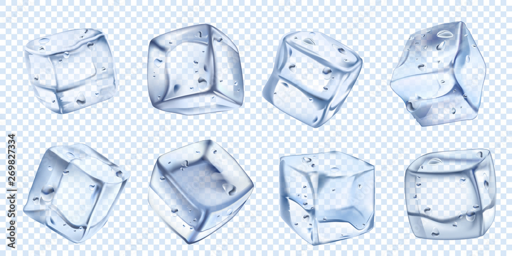Realistic ice cube. Iced water cubes for cool cocktail. Freezed aqua vector isolated illustration set