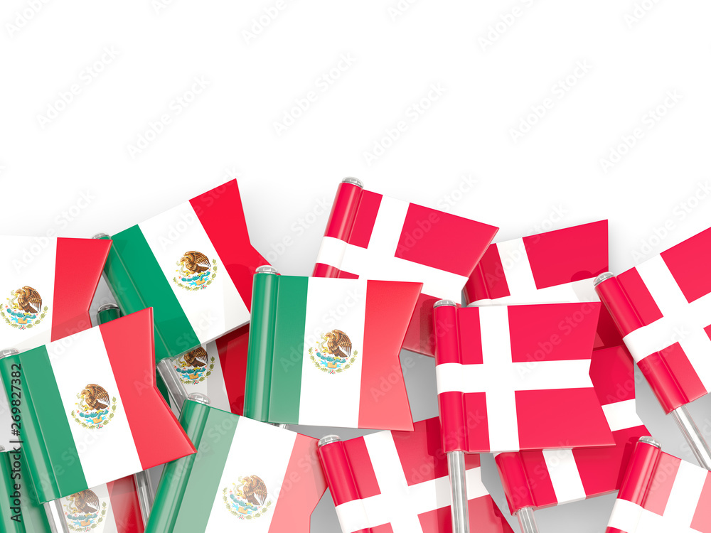 Pins with flags of Mexico and denmark isolated on white.