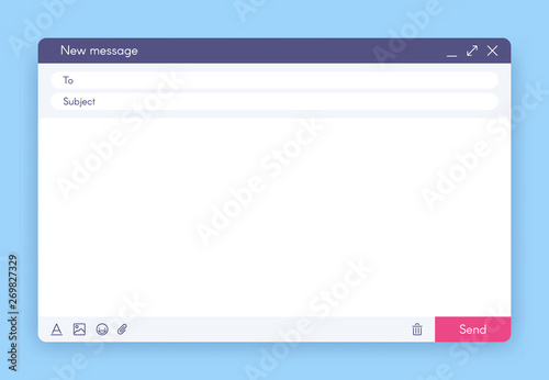 Email message window. Mail app interface, mailings emails and send online feedback blank frame vector illustration